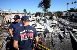 A 6.0 magnitude earthquake left four homes homes destroyed by fire and at least two others badly charred at the Napa Valley Mobile Home Park in Napa, Calif., on Sunday, Aug. 24, 2014. The community was left without water and power, and many of the homes were knocked off their foundations by the early morning temblor. (Luis Sinco/Los Angeles Times/MCT) 