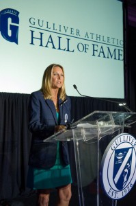 Tennis coach Kelly Mulligan accepts her induction into the Hall of Fame. Four others were inducted at a ceremony held at the Prep gymnasium on Oct. 15.