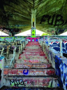 One of the many graffitied walkways of the Miami Marines Stadium. 