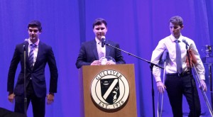 Juniors Antonio Mauri and Jordan Boudere, alongside senior Josh Pounder present their idea to the judges. Photo by Robert Burns.