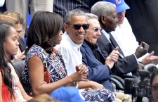 U.S. President Barack Obama with the First Family and Cuban President Raul Castro attend a baseball game on Tuesday, March 22, 2016 in Havana, Cuba. (Olivier Douliery/Abaca Press/TNS)