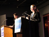 Senior Katherine Cohen and junior Raymond Gatcliffe debate in the Second Story Theater on Oct. 21. Photo by Emily Ponak.