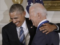 U.S. President Barack Obama jokes with Vice-President joe Biden after he presented him the Medal of Freedom during an event in the State Dining room of the White House, Jan. 12, 2017 in Washington, D.C. (Olivier Douliery/Abaca Press/TNS)